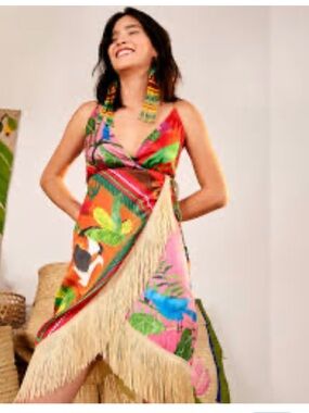 FARM Rio Multicolor Tropical Fringe Wrap Dress - Pink, Green, Blue, Orange